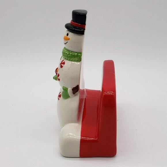 Ceramic Hand Painted Top Hat Snowman Holding Cardinal Bird Napkin Holder - Picture 4 of 8